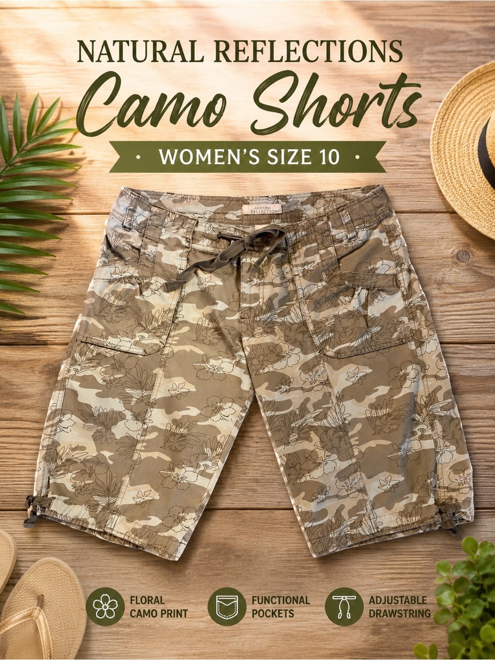 Natural Reflections Women’s Floral Camo Cargo Shorts | Size 10